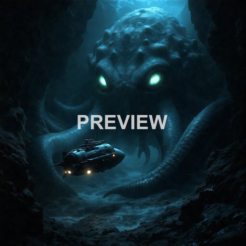 A submarine navigates through a dark underwater cave with a massive, glowing-eyed sea creature lurking in the background.